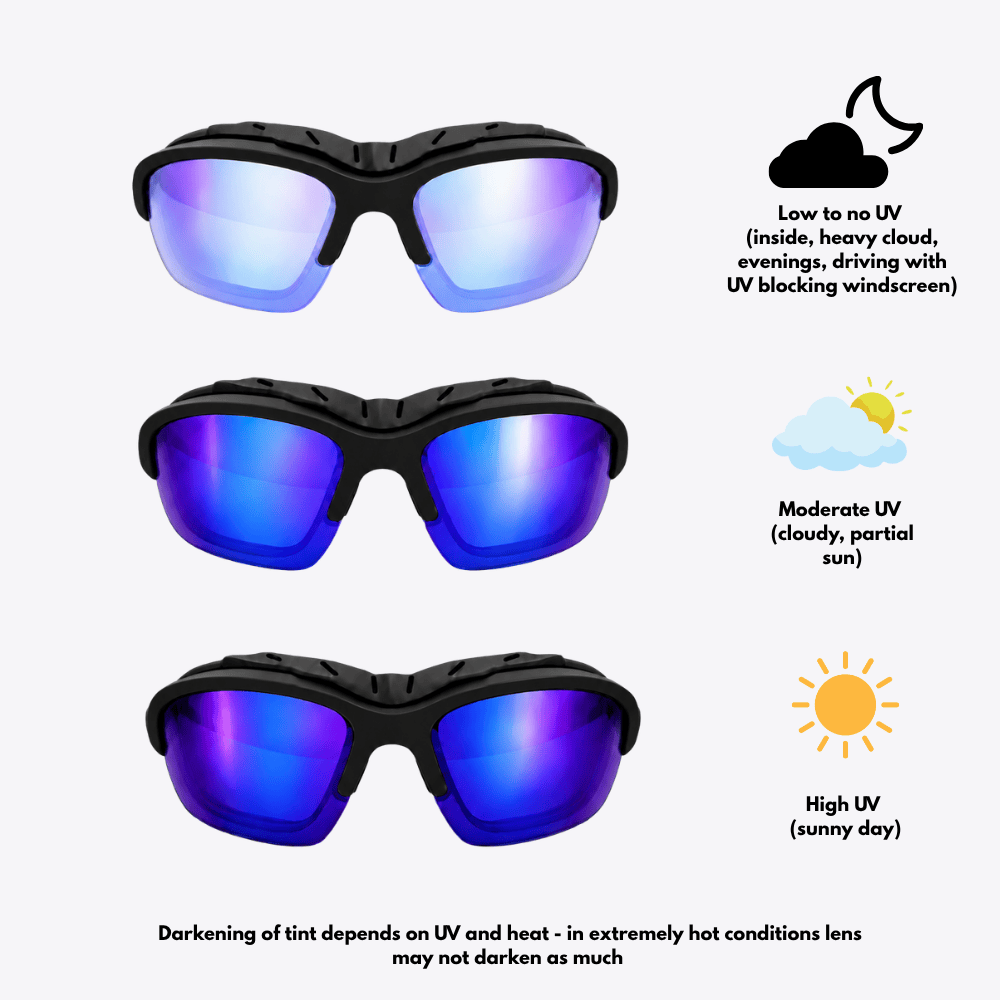 Pursuit | Black Photochromic Sunglasses with Blue Lenses with foam insert, image 3.