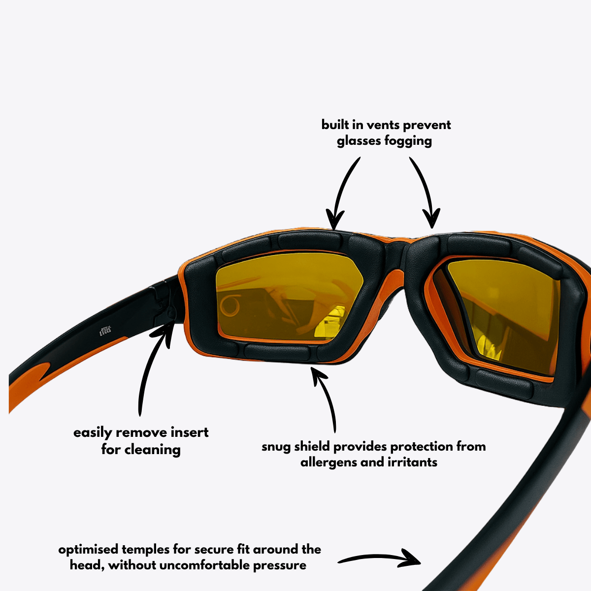 Pursuit | Black & Orange Sunglasses with Orange Standard Lenses with foam insert, image 6.