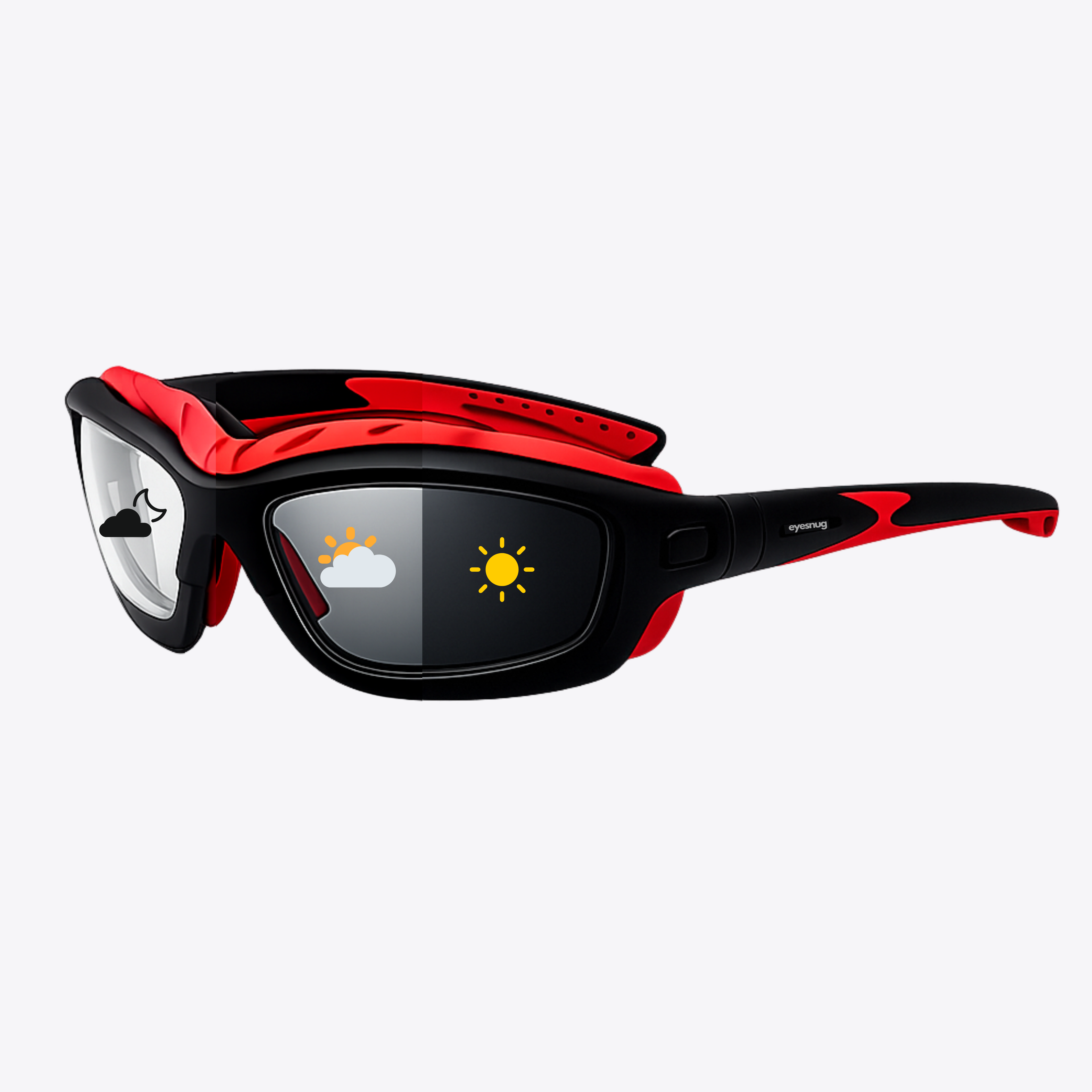 red lens goggles Eyesnug Pursuit | Wraparound Windproof Sunglasses | Black & Red | Black Lens