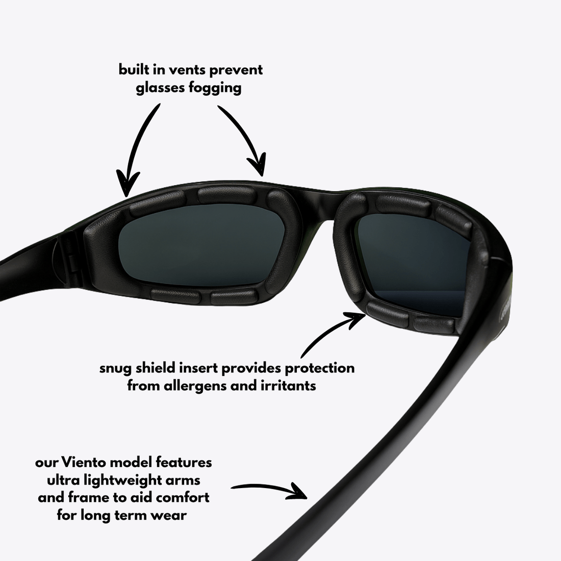 Viento | Black Sunglasses with Black Standard Lenses with foam insert, image 5.
