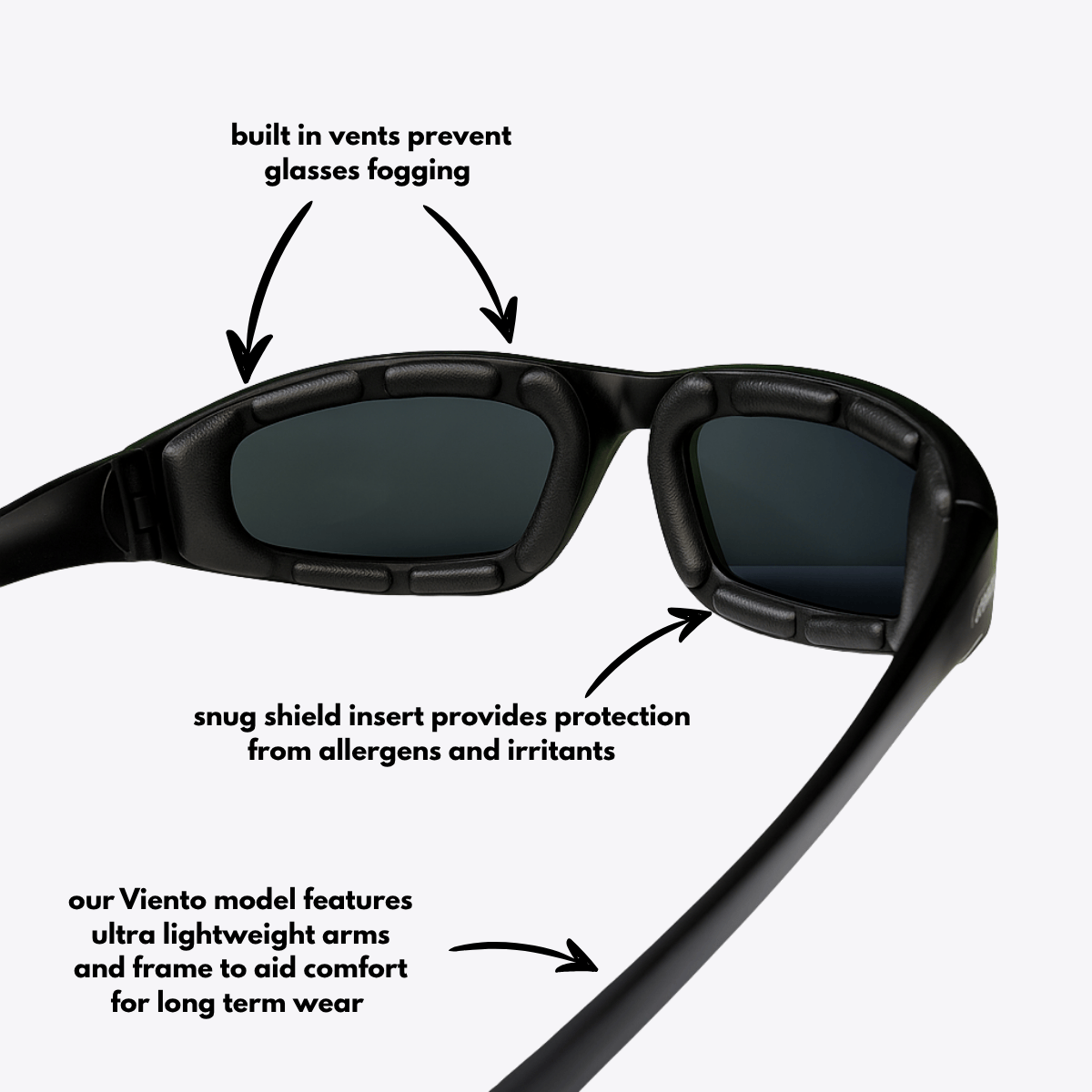 Viento | Black Sunglasses with Black Standard Lenses with foam insert, image 5.