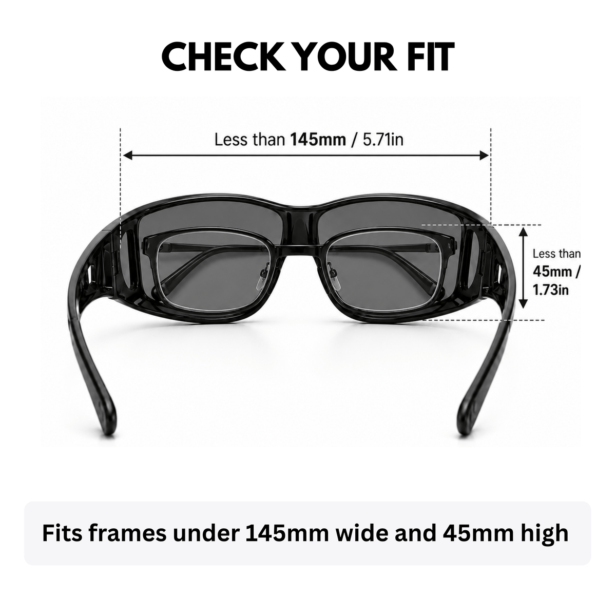 Fitovers sizing guide showing prescription glasses should be under 145mm wide and 45mm high