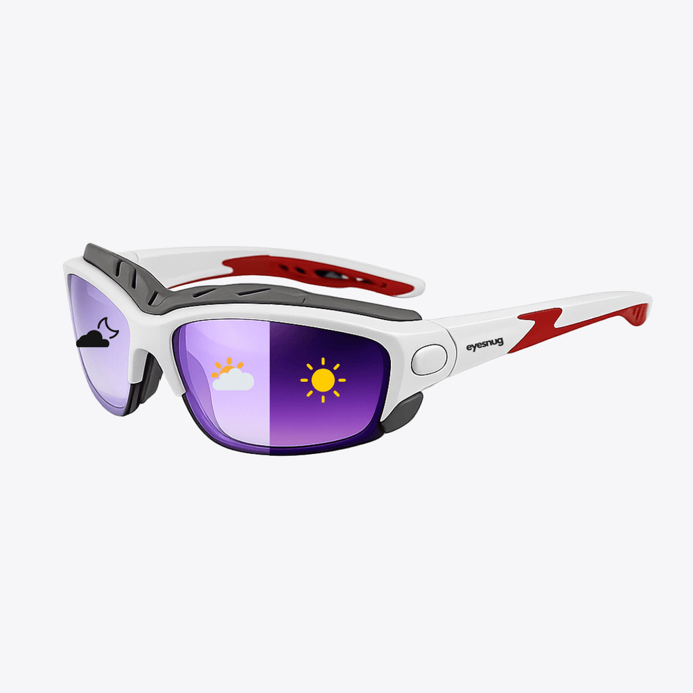 Pursuit | White & Grey Photochromic Sunglasses with Purple Lenses with foam insert, image 1.