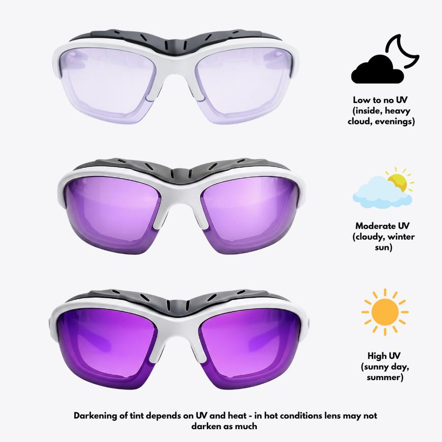 Pursuit | White & Grey Photochromic Sunglasses with Purple Lenses