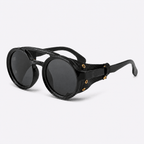 Eyesnug Explorer black round sunglasses with black lenses and protective side shields