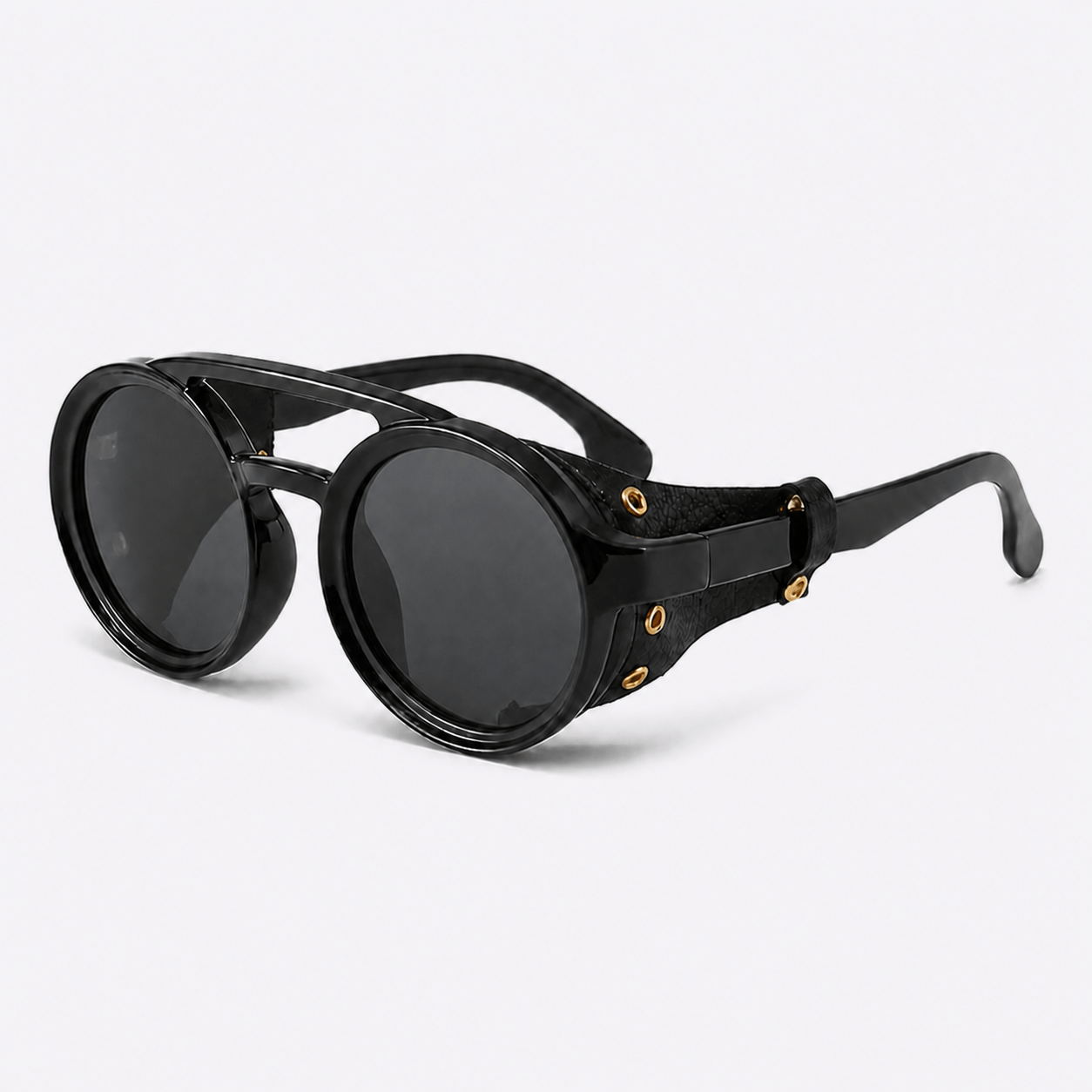 Eyesnug Explorer black round sunglasses with black lenses and protective side shields