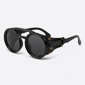 Eyesnug Explorer black round sunglasses with black lenses and protective side shields