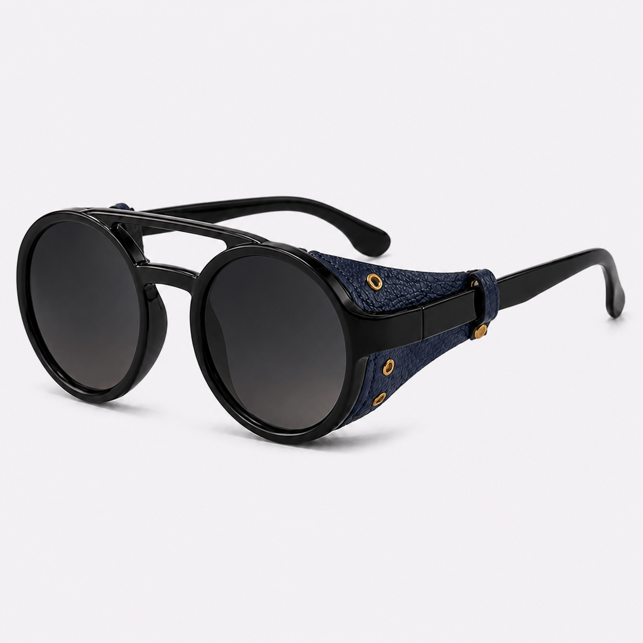 Eyesnug Explorer black and navy round sunglasses with black polarized lenses and protective side shields