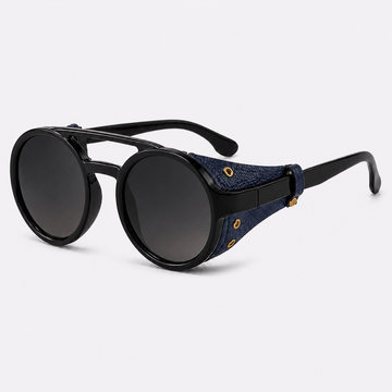 Eyesnug Explorer black and navy round sunglasses with black polarized lenses and protective side shields