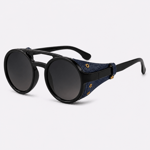 Eyesnug Explorer black and navy round sunglasses with black polarized lenses and protective side shields
