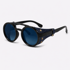 Eyesnug Explorer black and navy round sunglasses with tinted blue lenses and protective side shields