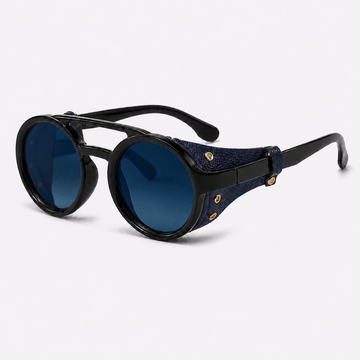 Eyesnug Explorer black and navy round sunglasses with tinted blue lenses and protective side shields