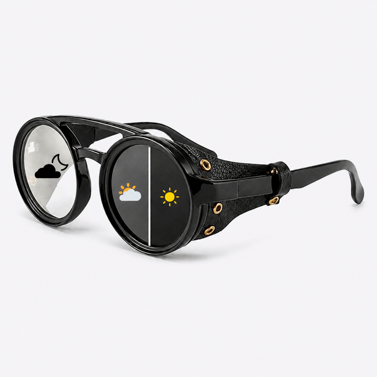 Eyesnug Explorer black photochromic sunglasses showing clear-to-dark lenses and protective side shields