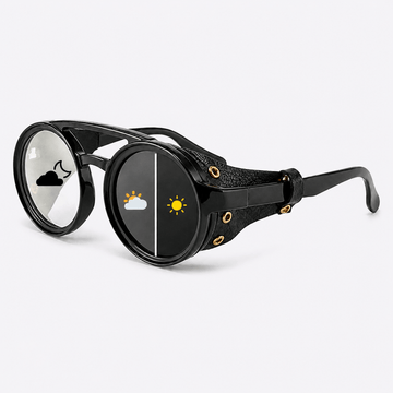 Eyesnug Explorer black photochromic sunglasses showing clear-to-dark lenses and protective side shields