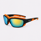 Eyesnug Pursuit black and orange wraparound sunglasses with mirrored standard lenses and removable orange eye shield