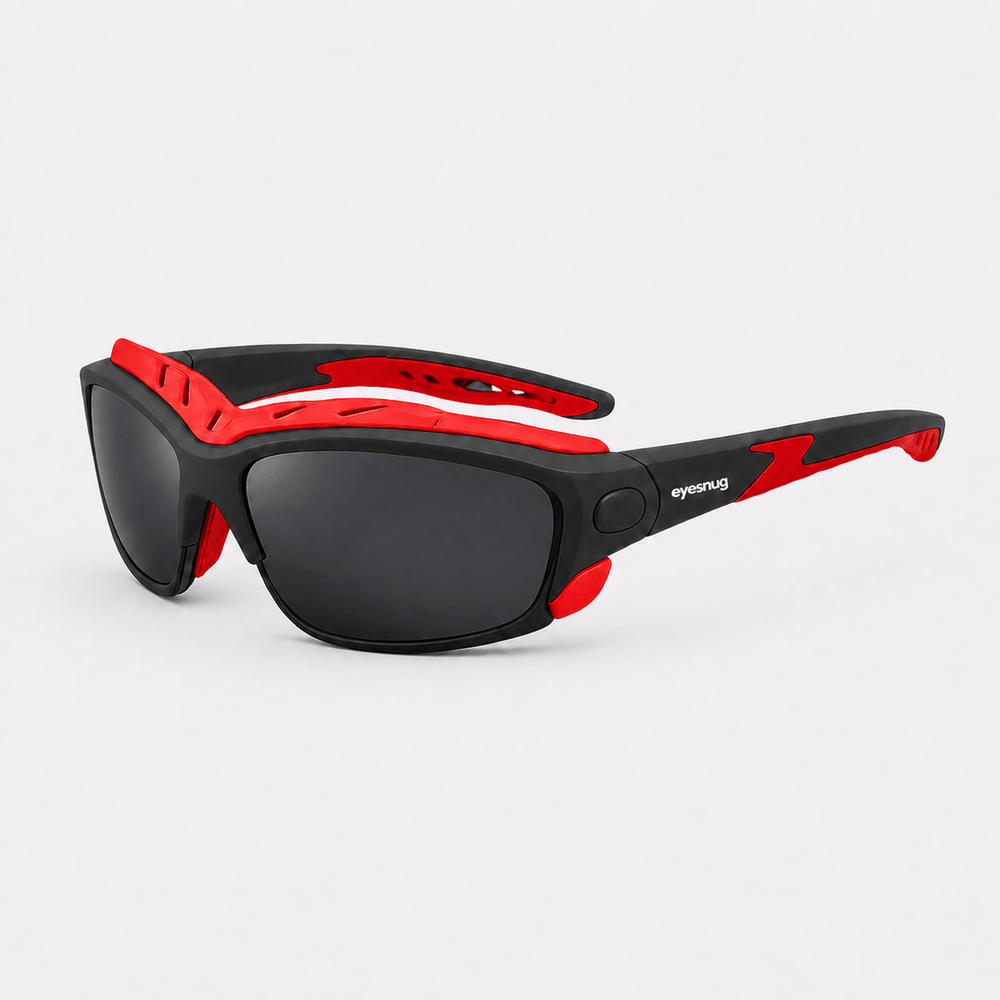 Eyesnug Pursuit black and red wraparound sunglasses with black lenses and removable red eye shield