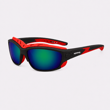 Eyesnug Pursuit black and red wraparound sunglasses with green-blue iridium lenses and removable red eye shield