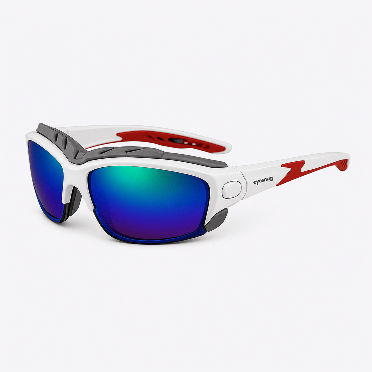 Eyesnug Pursuit white and grey wraparound sunglasses with blue-purple iridium lenses and removable grey eye shield