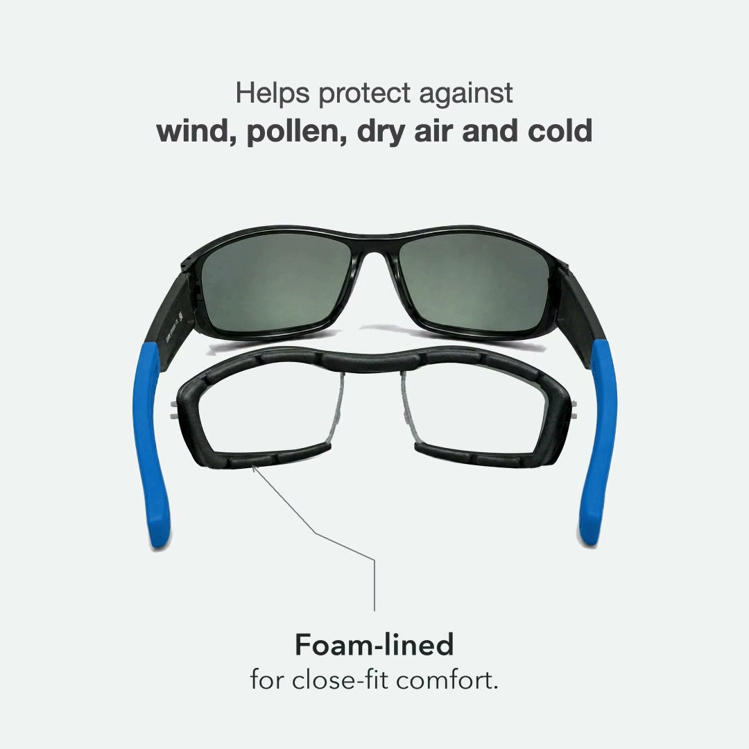 Originals black and blue sunglasses video with removable Snug Shield feature callouts